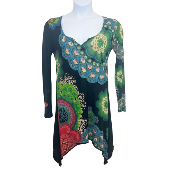 Desigual long sleeve artsy tunic top size large multicolor glitter mandala boho - Picture 2 of 10